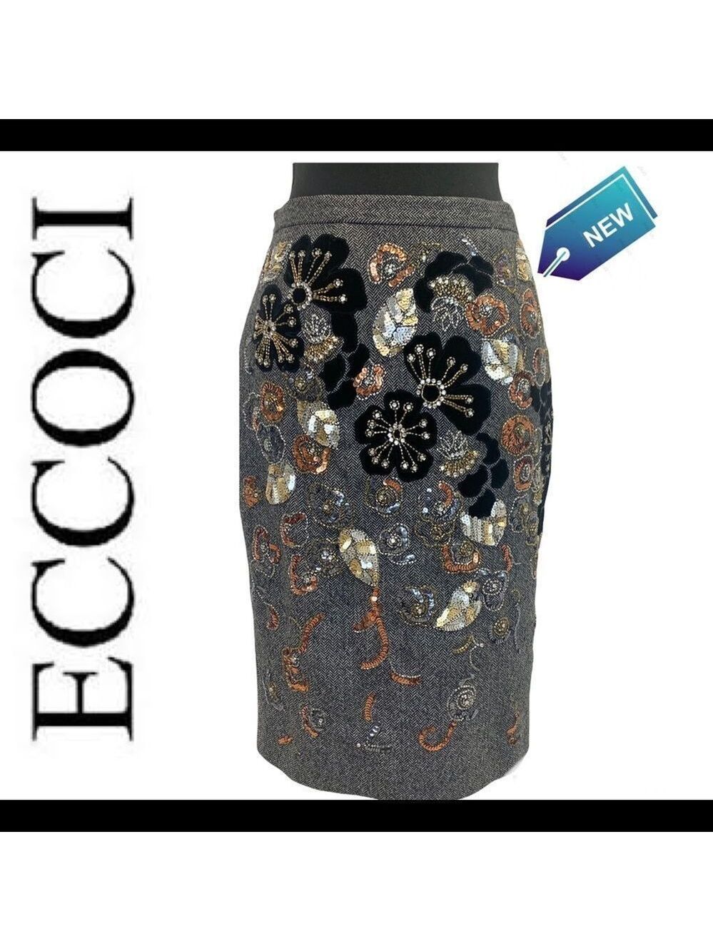 ECCOCI NWT Gray wool beaded sequin floral print pencil skirt size 0